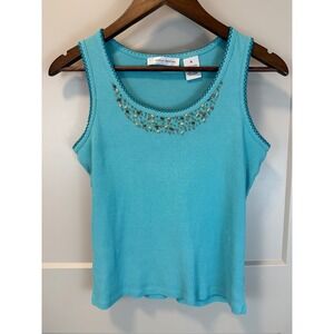 Marisa Christina Turquoise Tropical Beach Ribbed Tank Top Beaded Neckline Size M